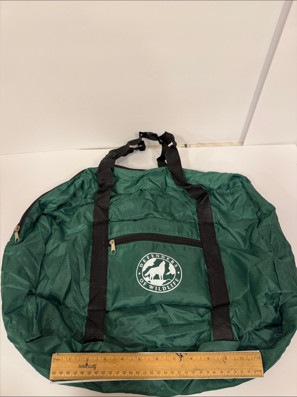 New Roaming Wolf Green Duffel Bag with Front Zip Pocket 17 x 12 x 6